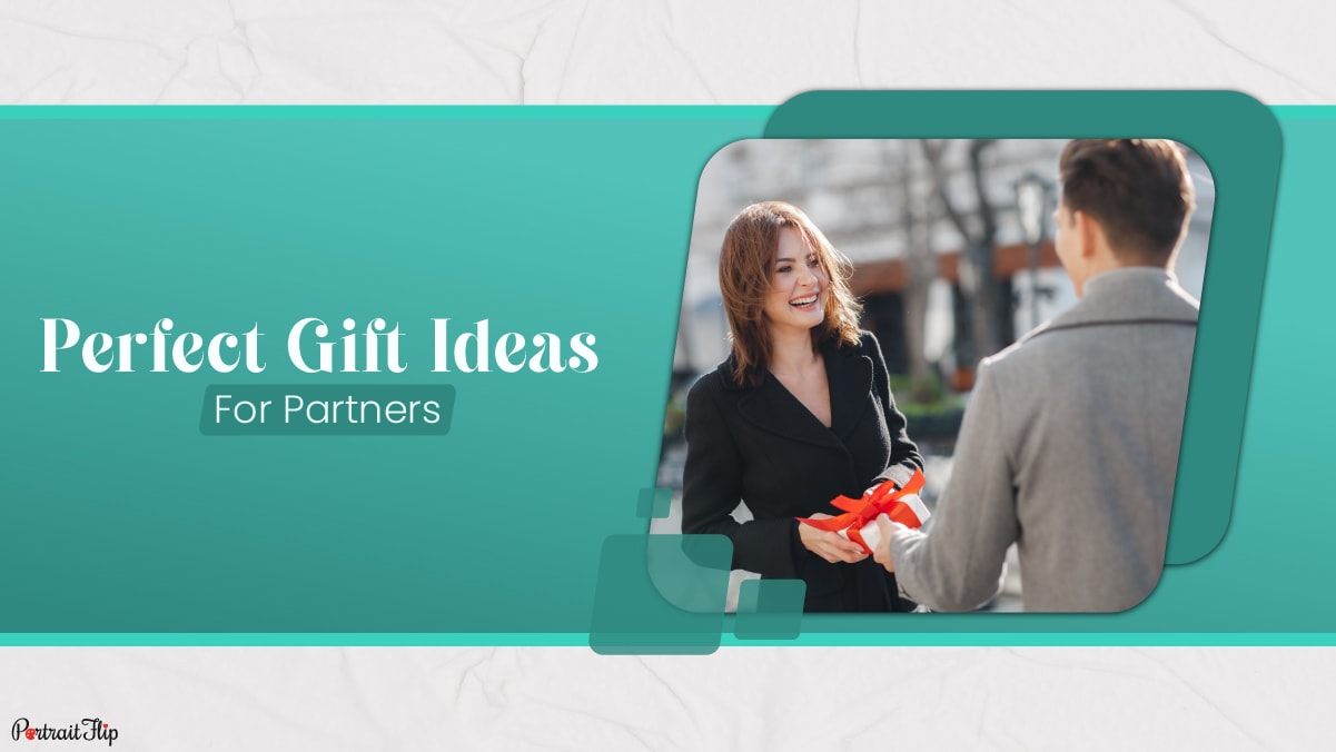 a man is smiling and handing his wife a gift