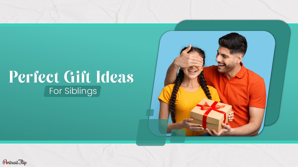 a boy covers his sister's eyes with his hands and hands her a gift box