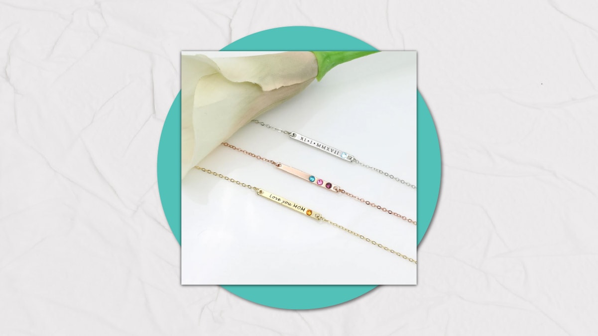 birthstone necklaces with inscribed romantic text