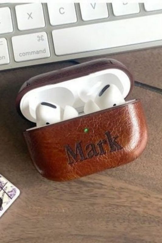 a personalize leather air pods case as one of the most unique gift ideas for him for Christmas