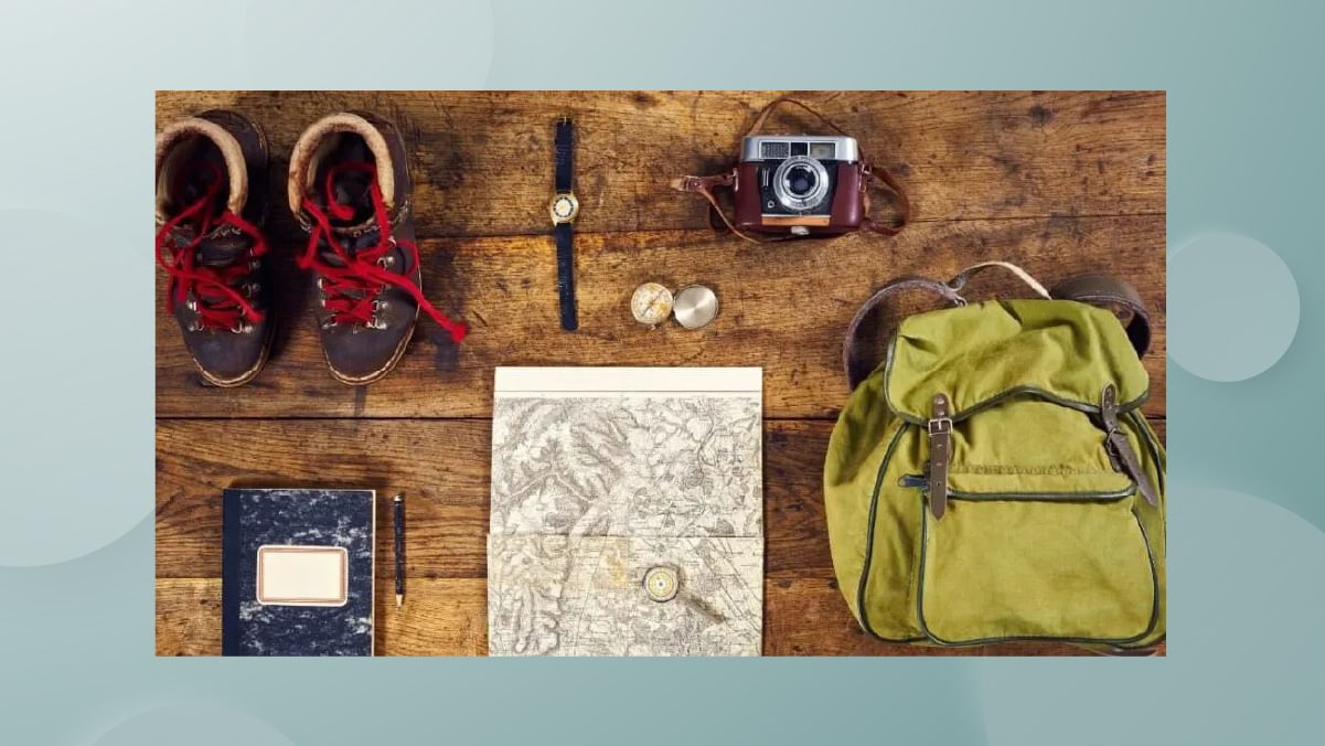 sturdy shoes, a watch, a bag, a notebook, and a camera 
