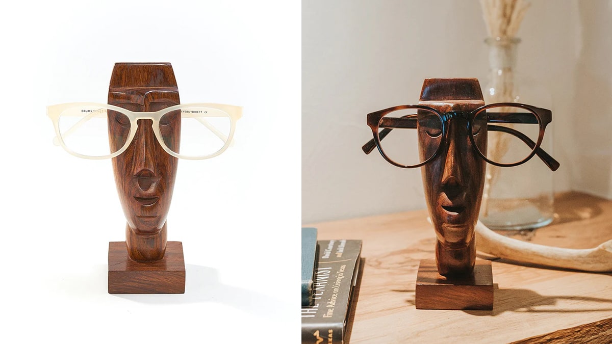 a wooden Rapa Nui eyeglass holder
