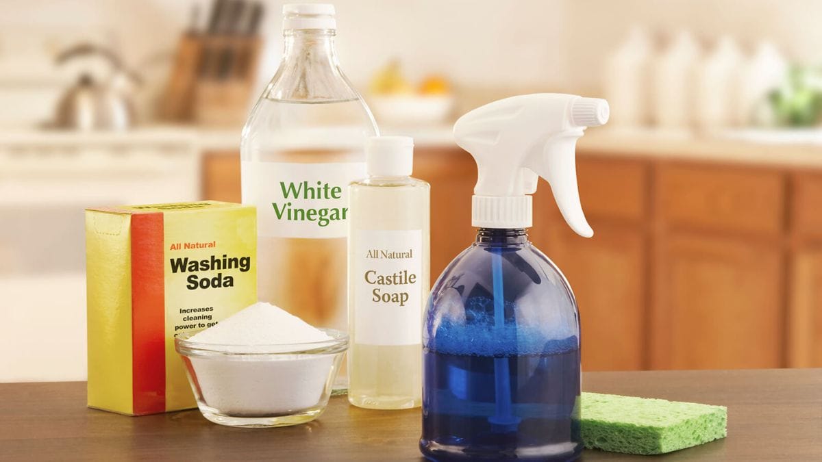various cleaning supplies shown as a method to not use while cleaning an oil painting