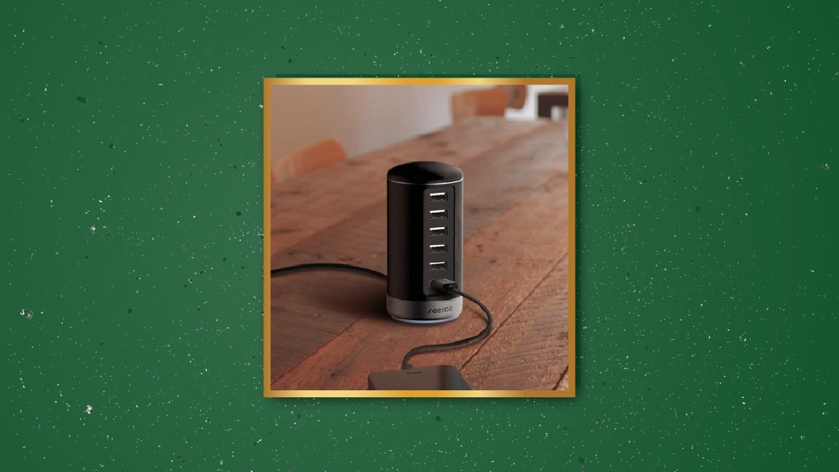 a smart charging hub on a wooden table
