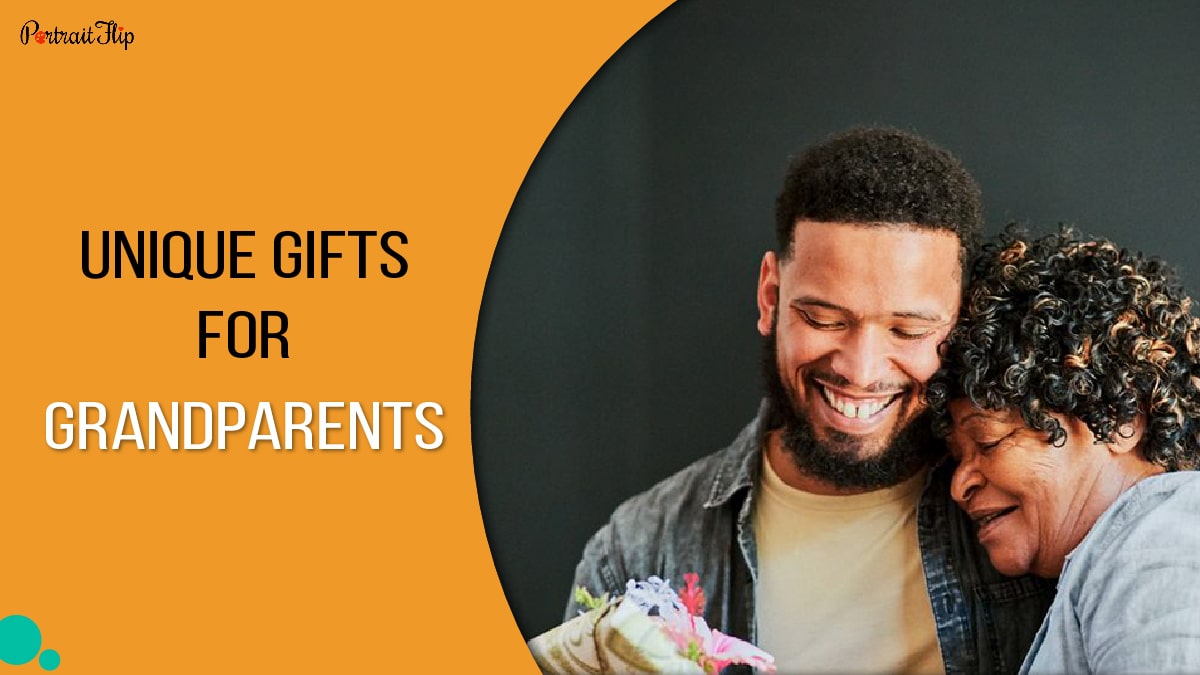 a grandmother checking a gift laying her head on her grandson's shoulder