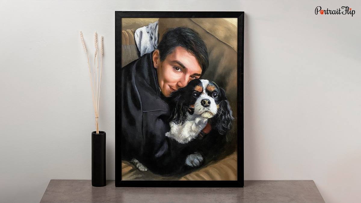 an acrylic painting depicting a young handsome man cuddling his dog 