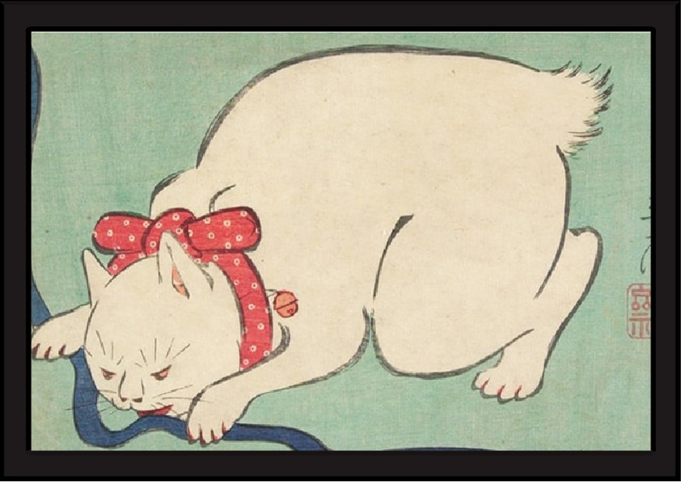 A white cat playing famous cat painting