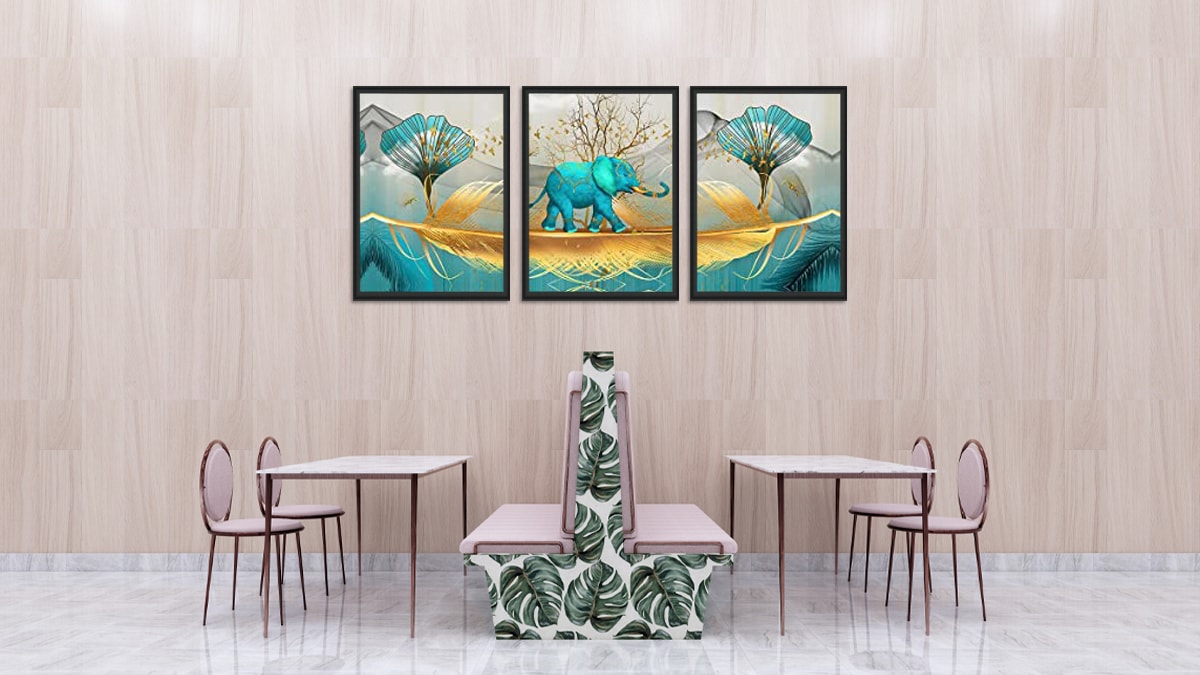 3 Pieces Elephant Wall Art on the dining room wall