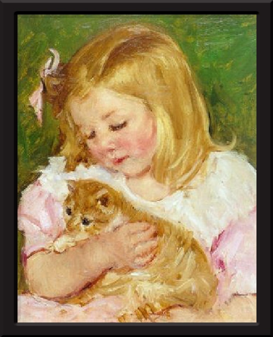 a girl holding a cat painting. 