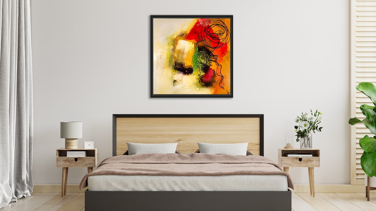 a beautiful abstract wall art above the headboard in the bedroom