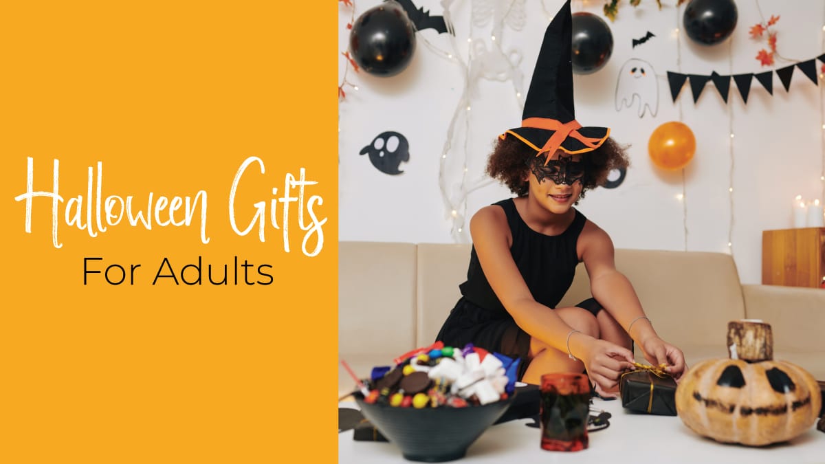 a teenager with puffed hair and spooky makeup holding a black gift with golden ribbon. The text reads Halloween Gifts for Adults.