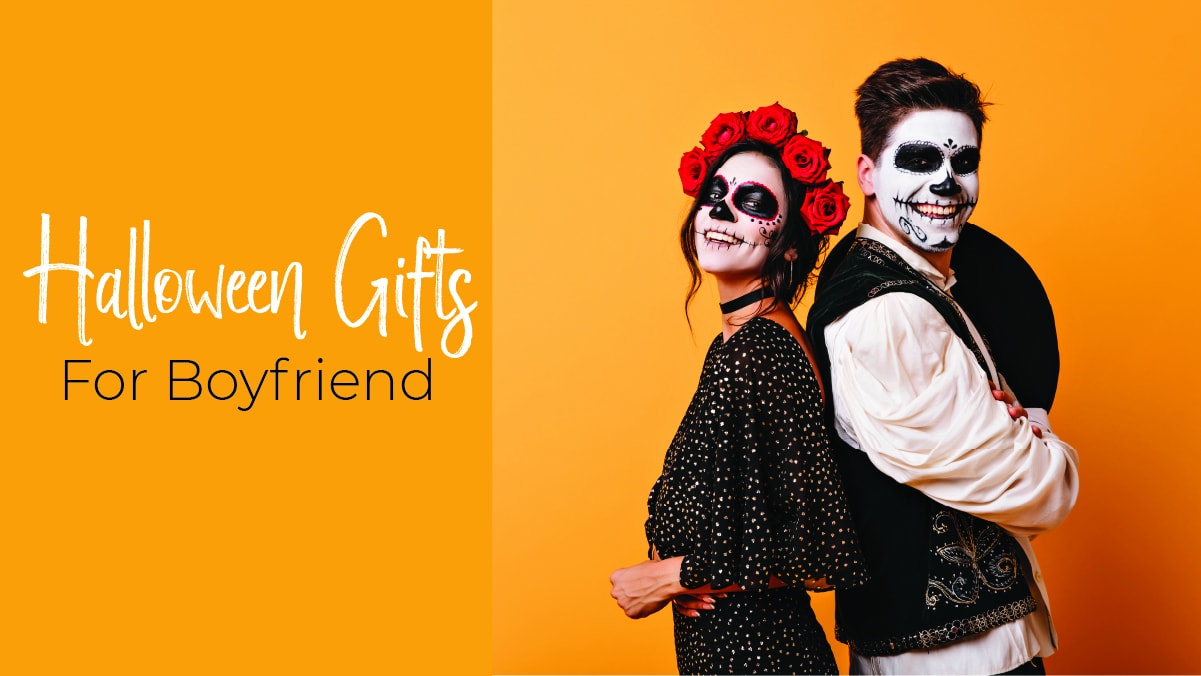 A couple in Halloween outfits standing close to a orange wall. The text reads Halloween gifts for boyfriend.