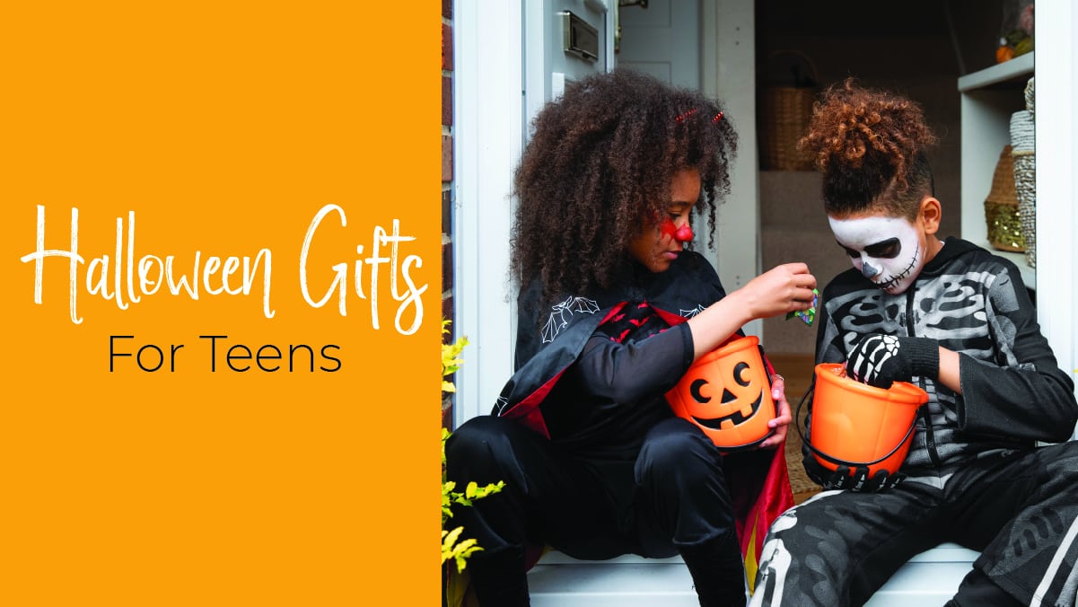 two teens dressed in Halloween costumes all set for some trick or treat. The text reads halloween gifts for teens