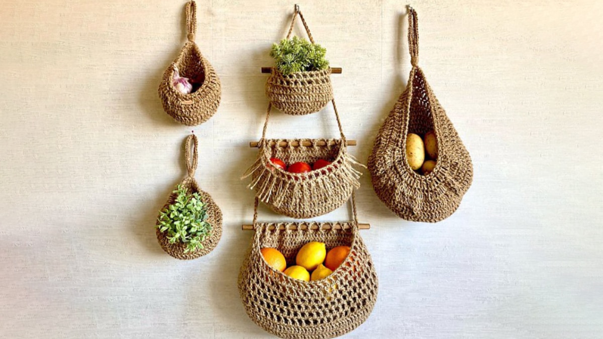 Boho fruits and vegetable baskets hanging on a kitchen wall