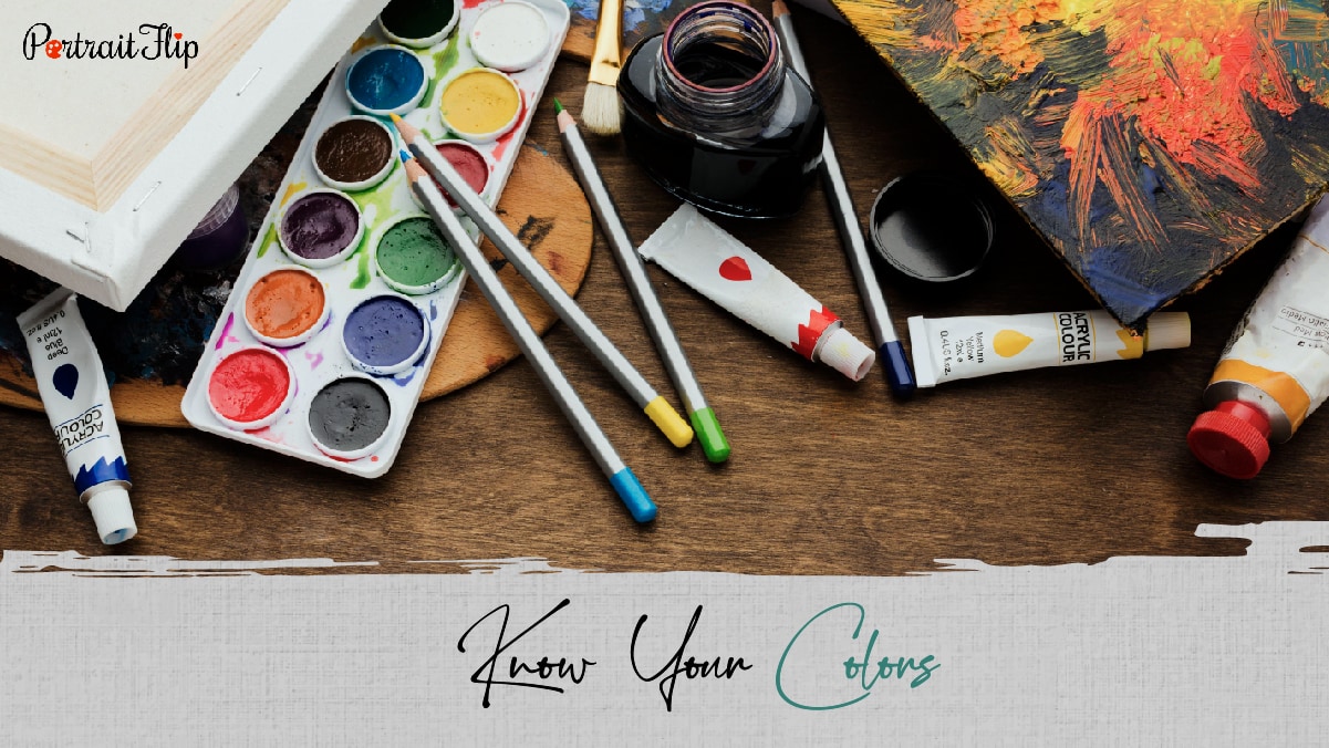 A color pallet with some painting supplies on a wooden table. The text reads know your supplies