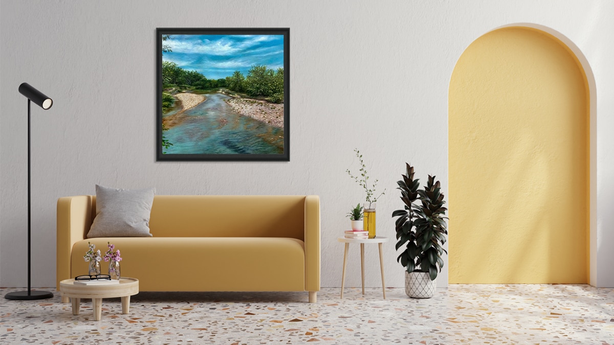 a landscape painting on the wall of the living room