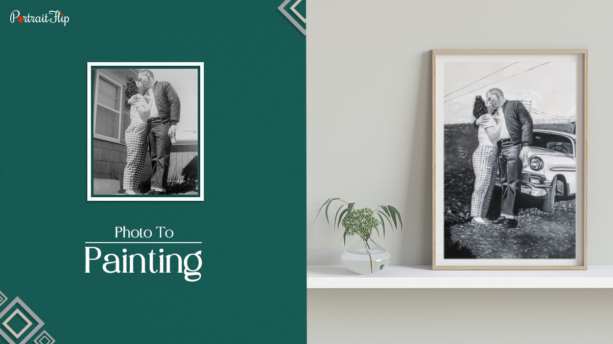 A vintage portrait by PortraitFlip. The text reads photo to painting.