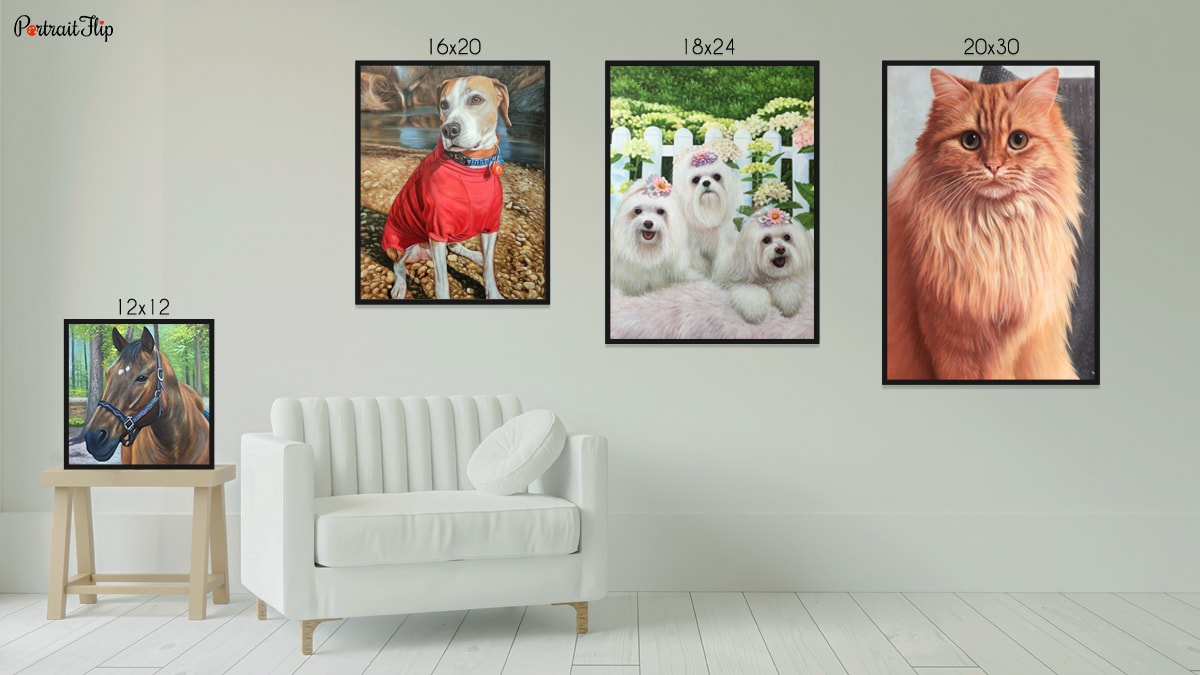 pet portraits in different sizes displayed in a living room set up with white walls, a white couch and a wooden table in the background.