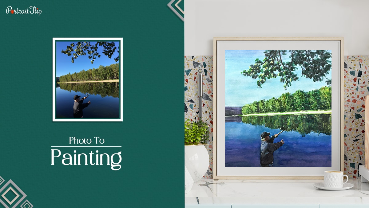A landscape painting by PortraitFlip. The text reads photo to painting.