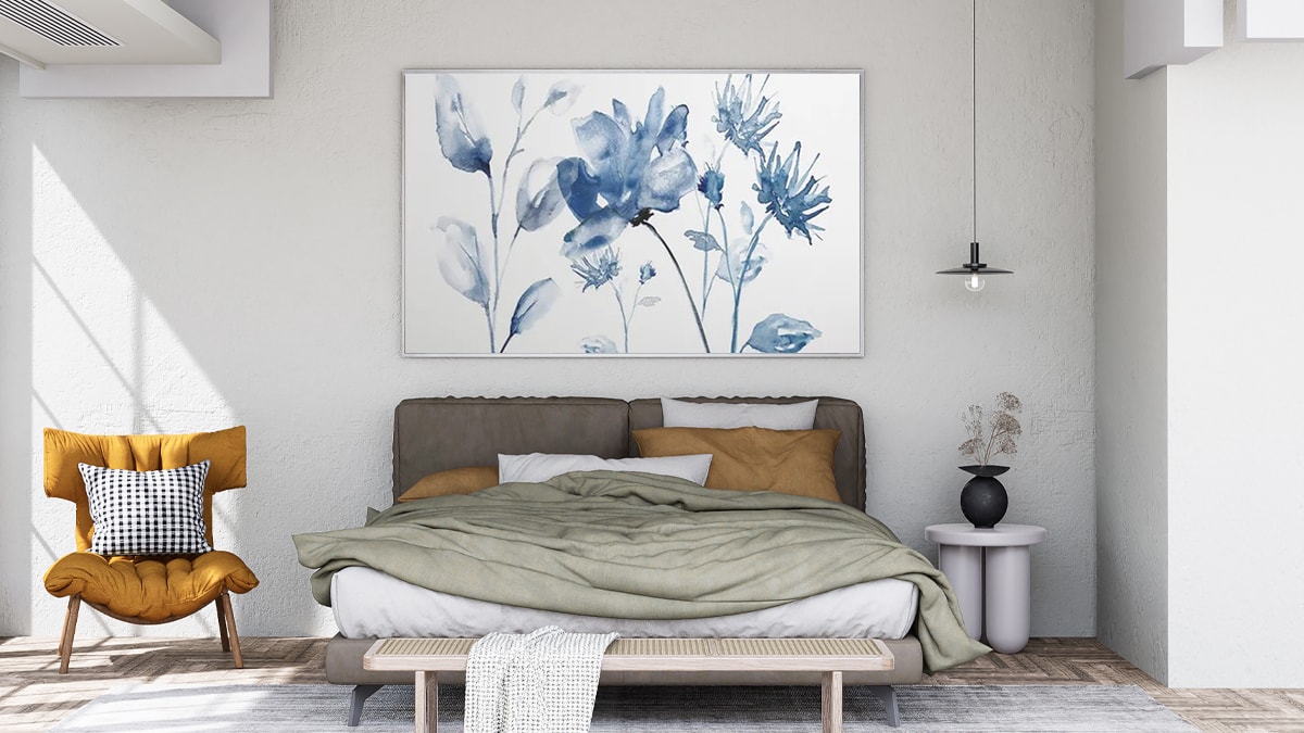 a translucent blue wall art on the bedroom wall