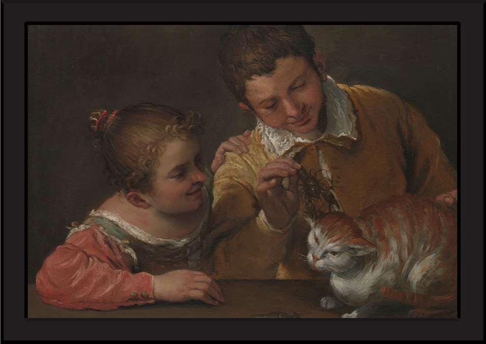 Two children teasing a cat famous cat painting