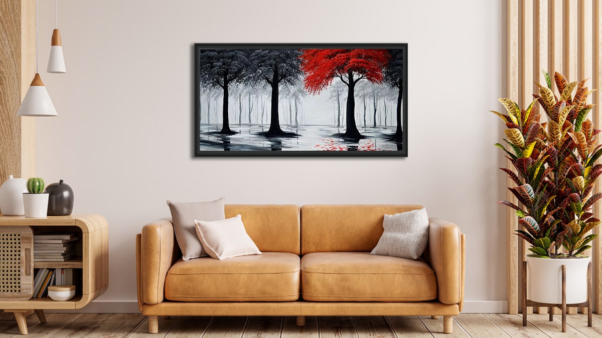 a black and red tree wall art behind the sofa set