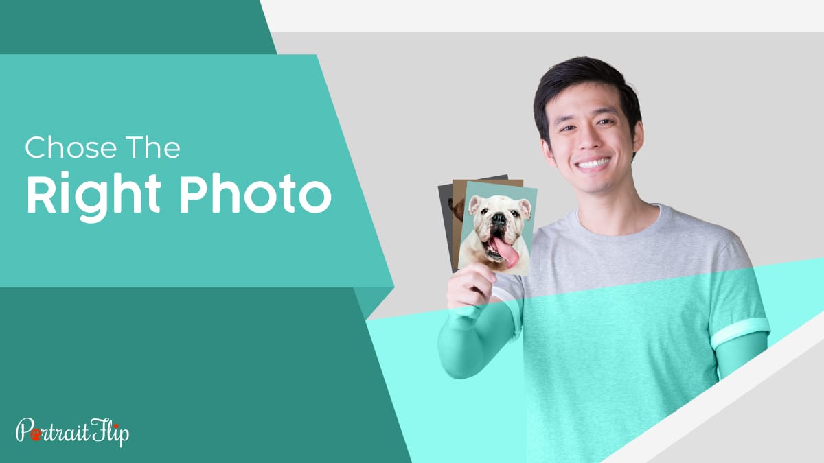 A man posing with a couple of pet pictures. The text reads choose the right photo.