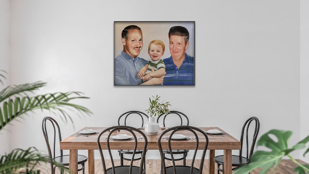 a compilation portrait on the dining room wall