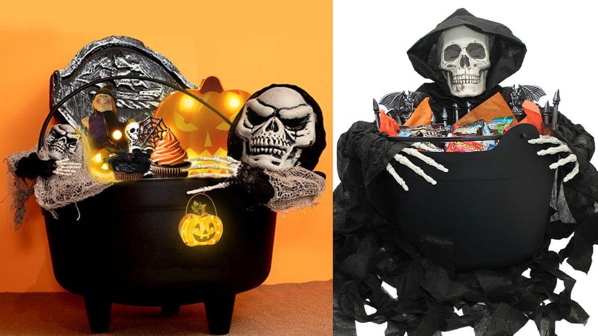Halloween gift basket with the basket in the shape of a reaper filled with cookies, candies, pumpkin lamps, cupcakes, and movies.