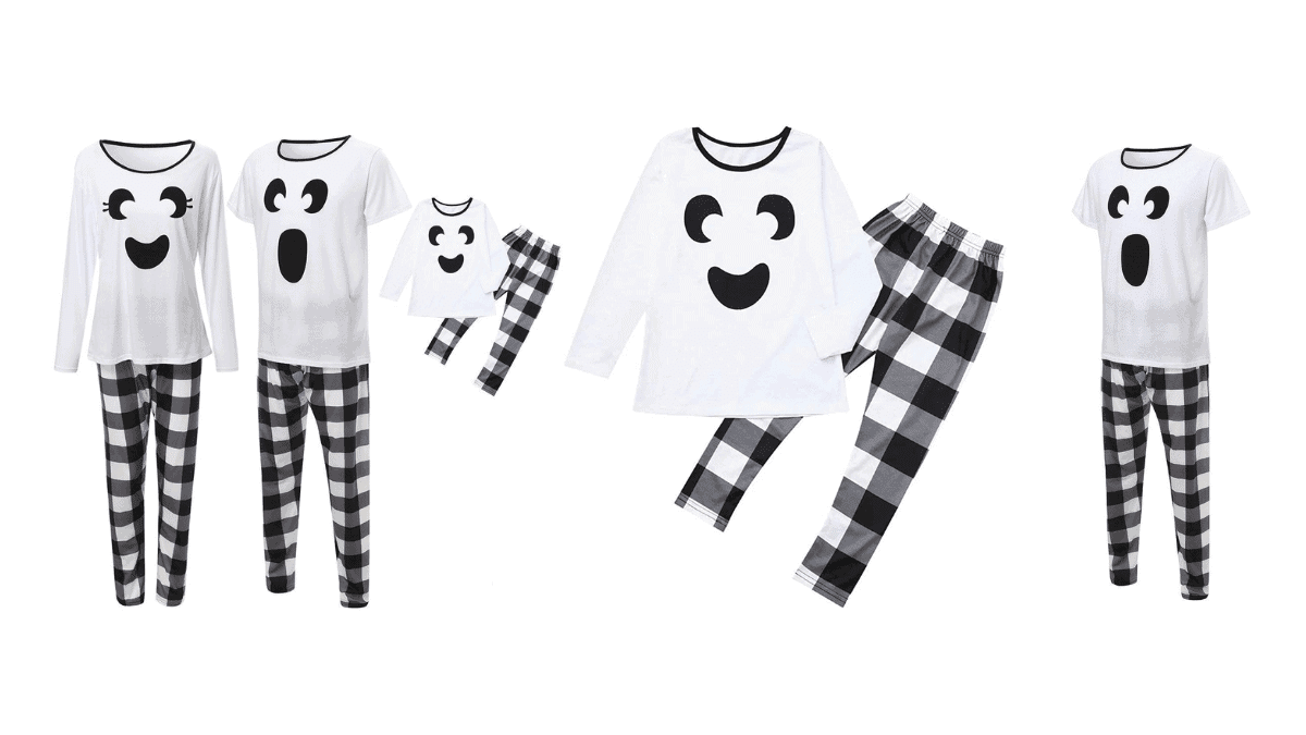 A set of ghost jammies with checkered pants and ghost faced shirts.