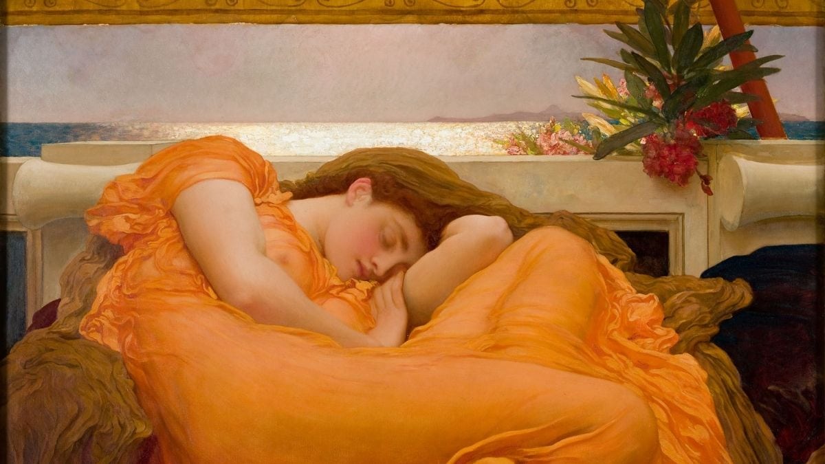 Flaming June By Frederic Leighton is famous painting of women sleeping on a canopy wearing a bright orange dress.