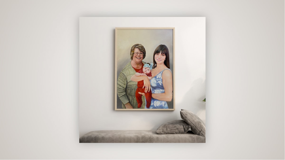 a compilation painting of two woman with one holding a baby