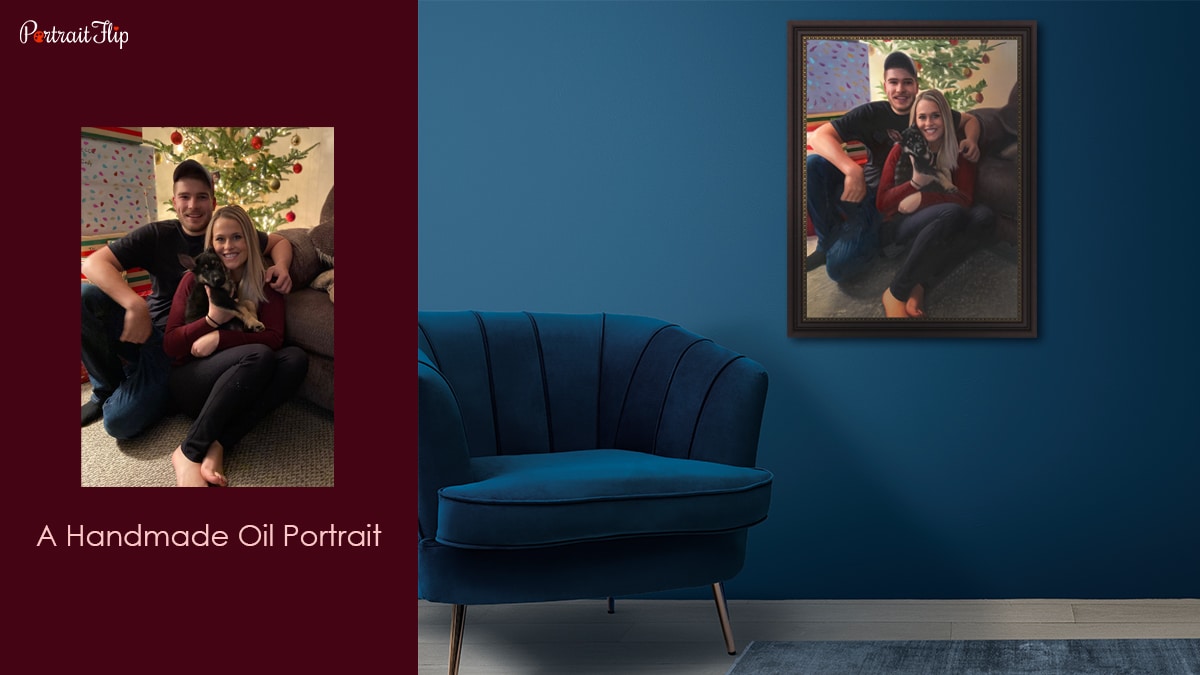 An oil painting by Portraitflip of a couple in a frame hangs next to a blue sofa on a royal blue wall.