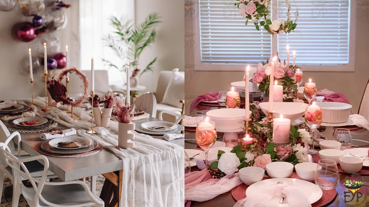 Collage of tables adorned with candles, plates, floral decor