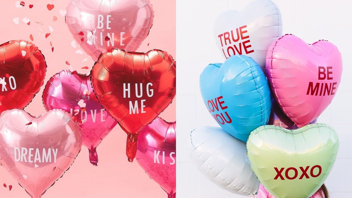 Heart shaped balloons with small text or messages on it