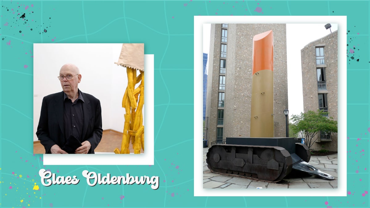 Claes Oldenburg and his artwork Lipstick (Ascending) on Caterpillar Tracks