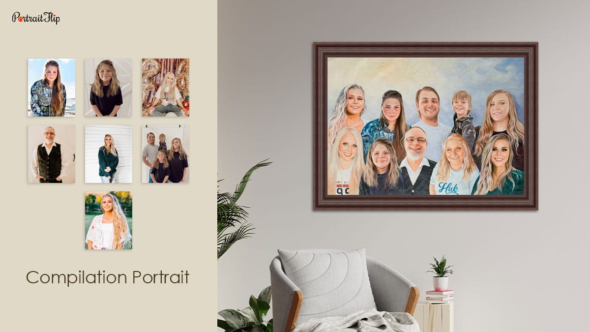 A compilation portrait of a family hanged on the wall above a single sofa created by PortraitFlip