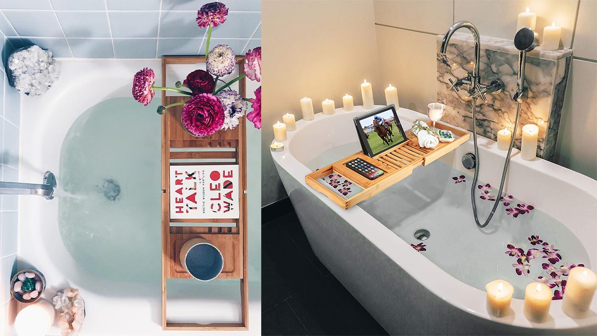 Two different bath caddy with flowers, a book, candles, added to it