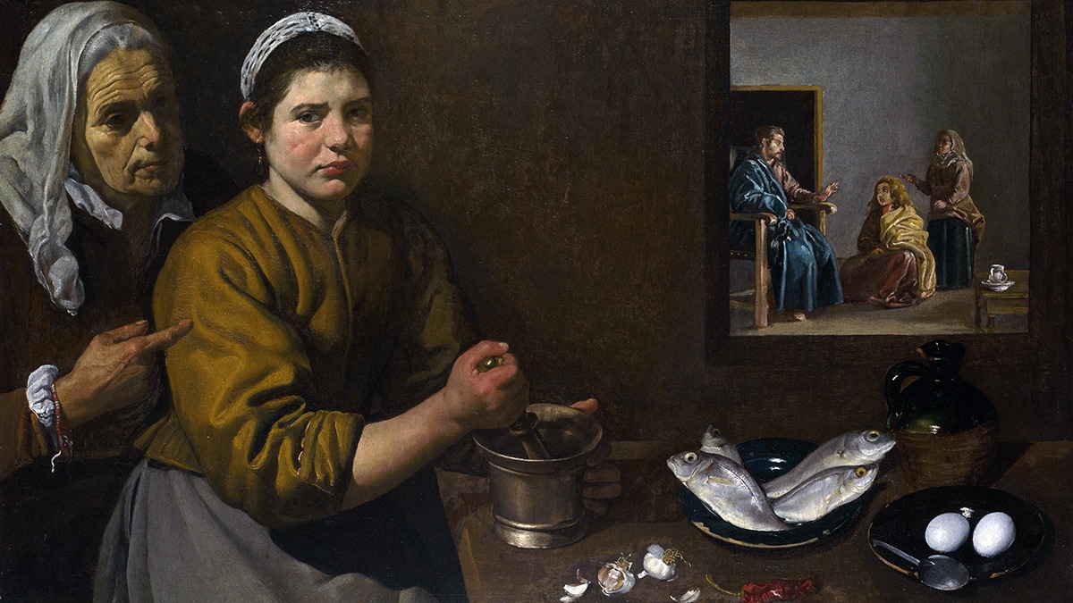 Kitchen Scene, Jesus In The House Of Martha And Mary by Diego Velasquez