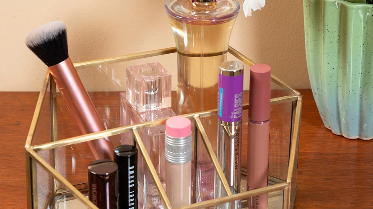 A makeup organizer box which holds different types of makeup 
