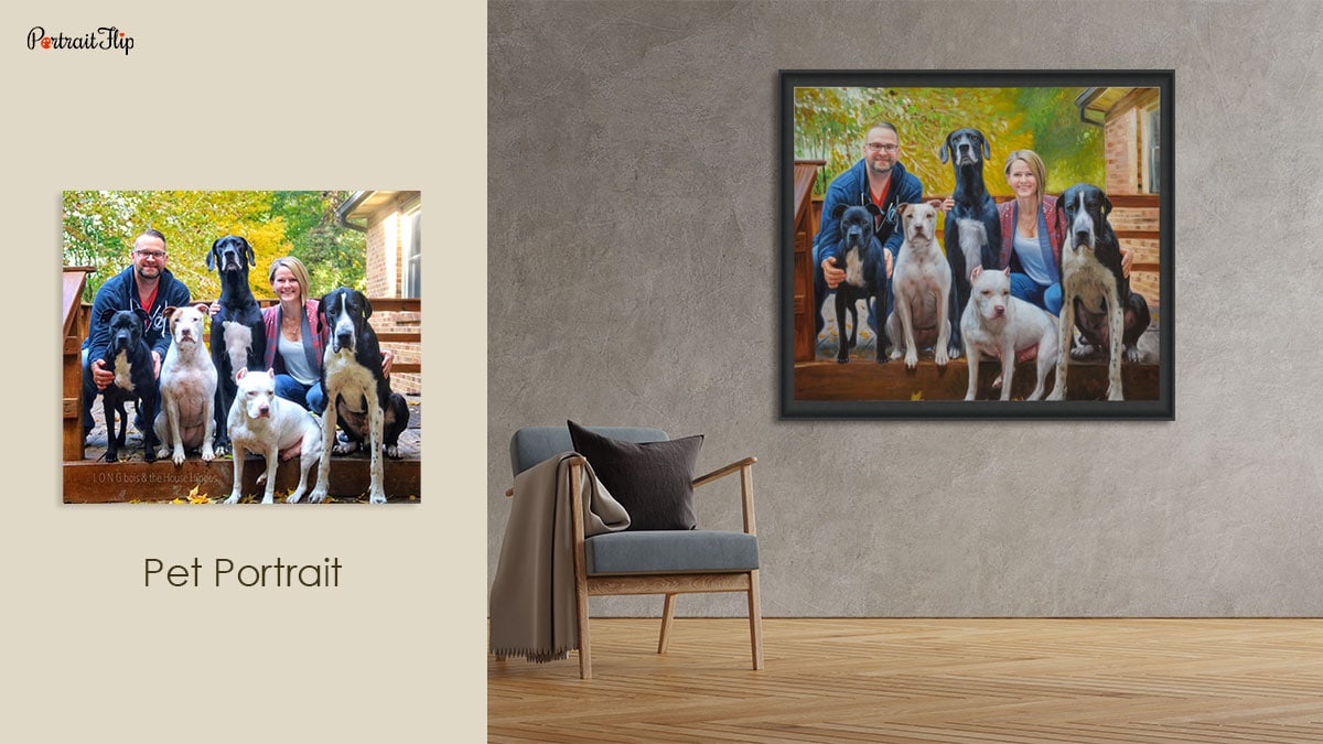 A pet portrait by PortraitFlip mounted on the wall 