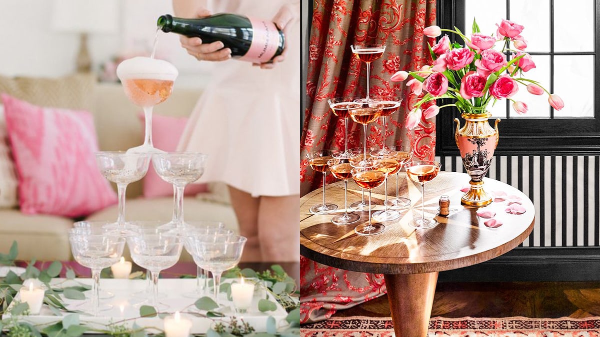 Collage of champagne coupes set on the table 