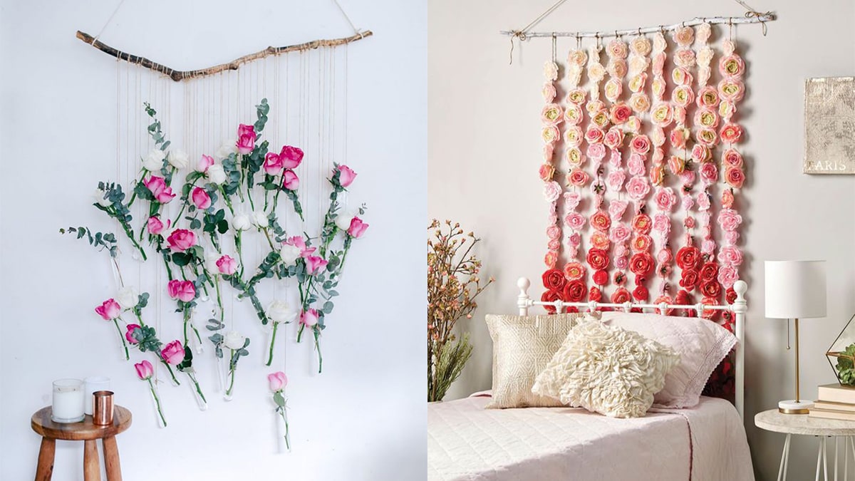 Collage of wall hanging with roses one behind the bed and another on the wall