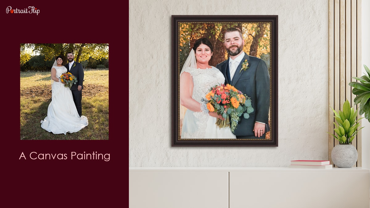 Wedding portrait of a couple which is handmade by Portraitflip framed and mounted on the wall 