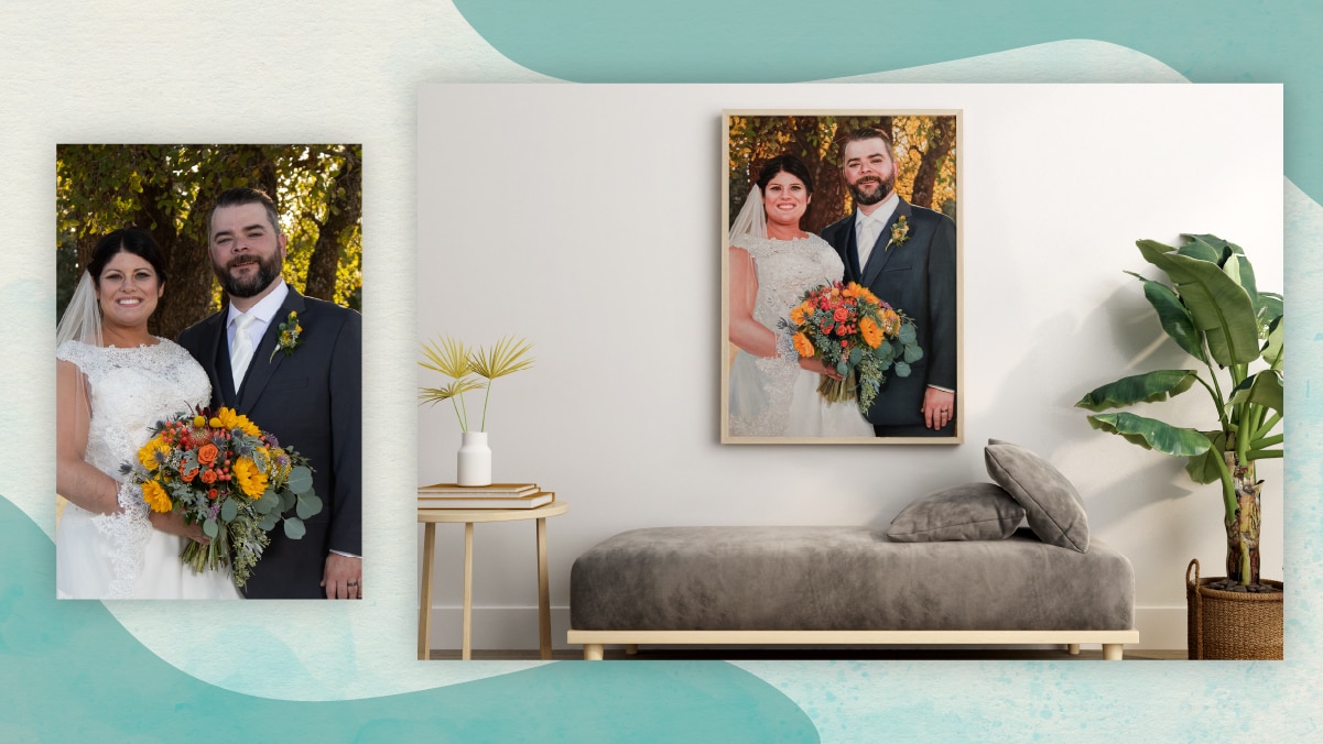 A couple's wedding photo in the left and it's watercolor on the right on white colored wall with a plant on the right and a grey couch below it. It's one of the best gifts for long distance relationships. 
