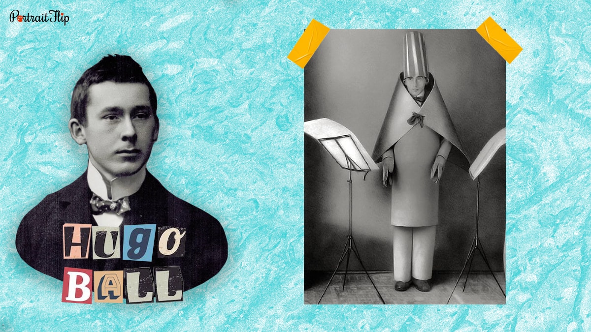 Hugo Ball and his famous Dada work, Costume of Hugo Ball at his reciting of the Sound Poem, 'Karawane', 1916