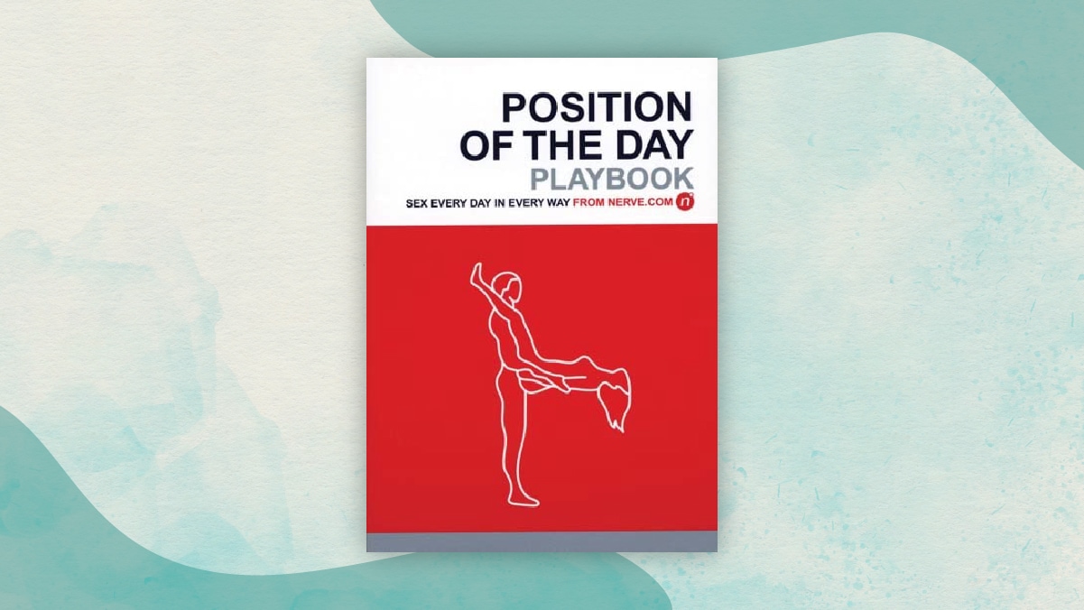 A red and white colored book titled as "Position of the day playbook" with a man and women having sex drawn on it. 