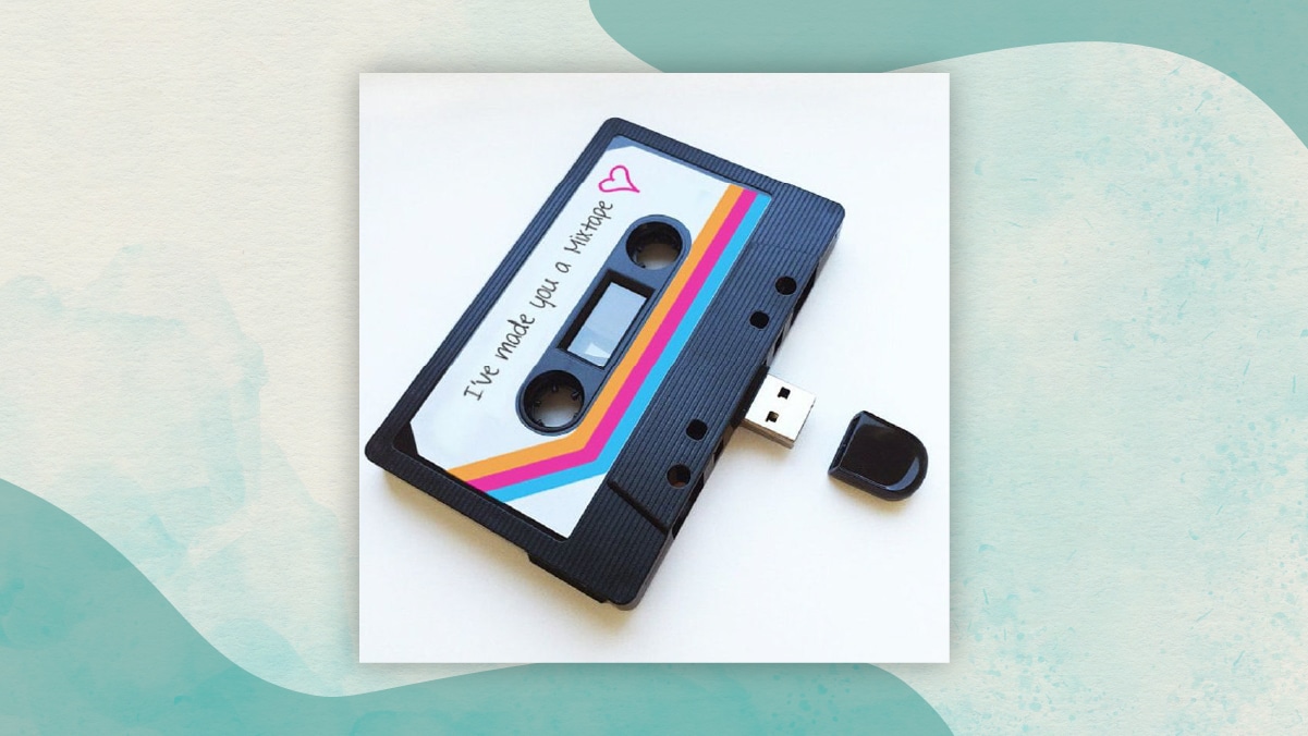 A cassette shapes usb mixtape with a " I've made you a mixtape" note written on it in a white background.