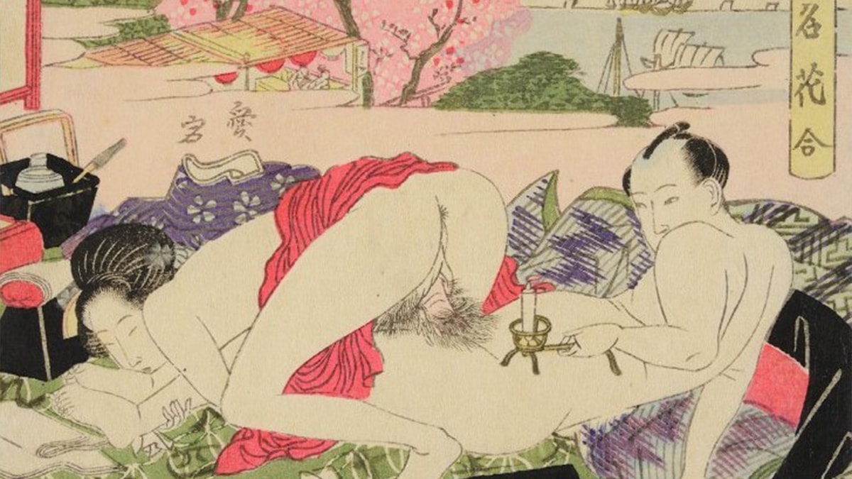One of the famous Shunga paintings, " lovers With A Landscape Of Atago Behind."