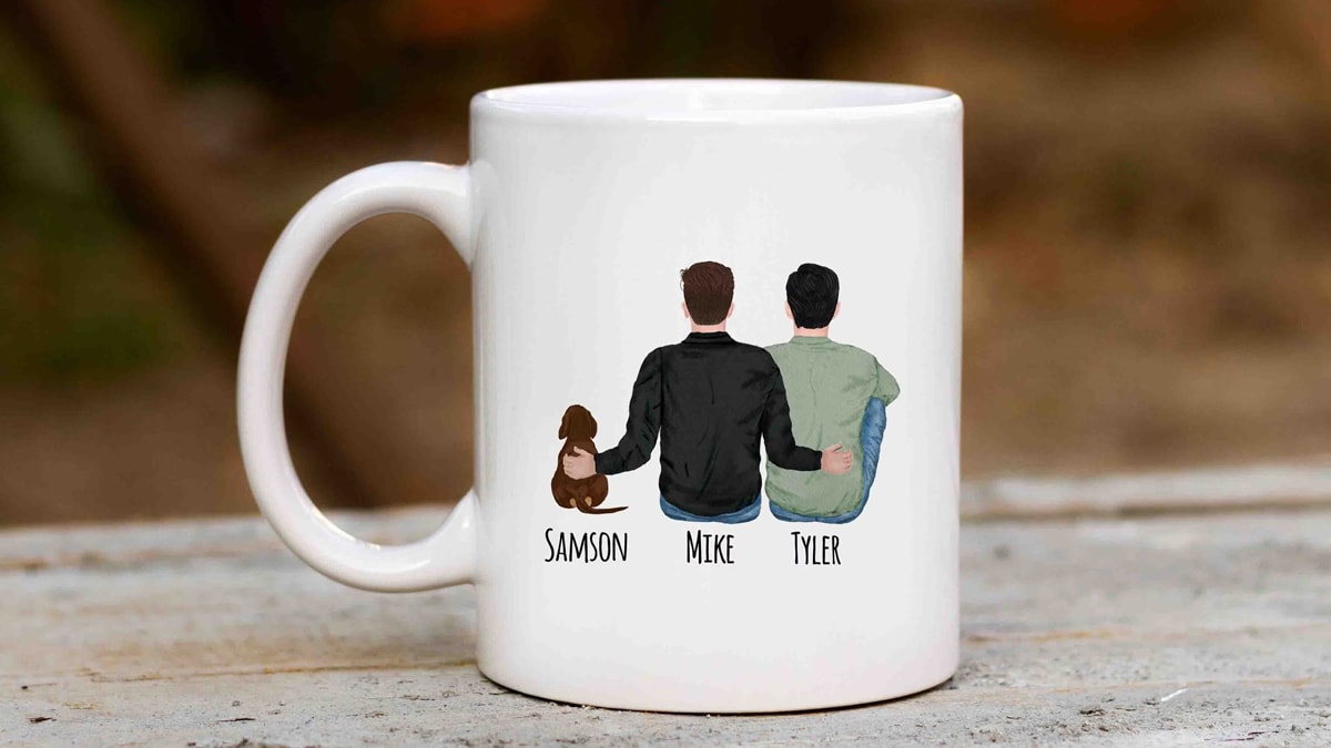 A personalized gay mugs for gay couple along with their name engraved including their pet friend.